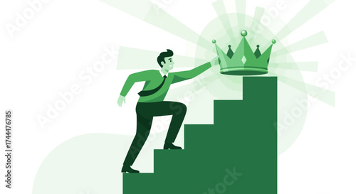 Achieving Goals: Business Person Ascending Stairs to Reach Success and Crown.