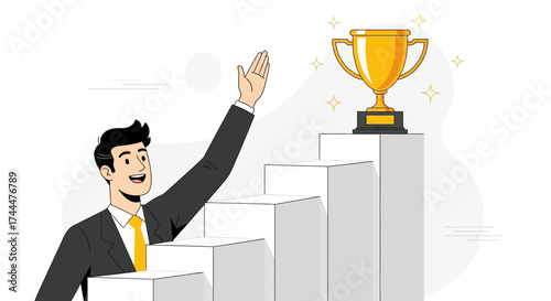 Achieving Goals and Victory: A Successful Individual Celebrating Triumph Above the Steps
