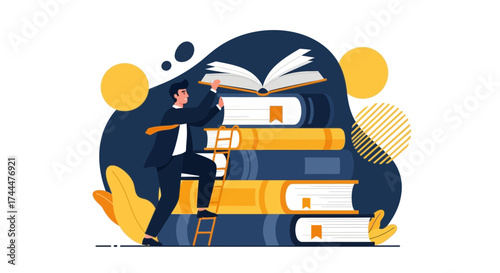 Achieving Knowledge: Illustration of a Person Climbing Books With The Aim Of Education