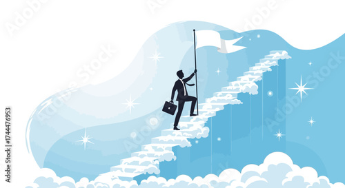Achieving Professional Goals: Businessman Ascending Cloud-Steps to Success and Victory