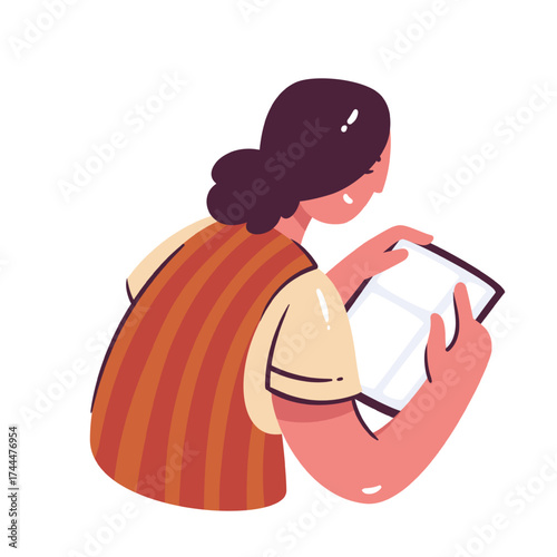 Woman with dark hair reading open book, wearing striped orange vest and beige shirt. Modern cartoon doodle style for education, library, web, or app. Vector illustration.