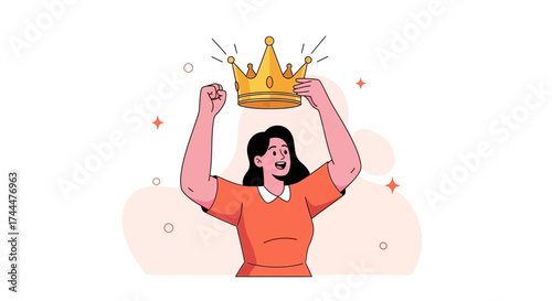 Achieving Recognition: Woman Celebrating Triumph with Golden Crown Above Head