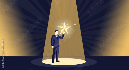 Achieving Star Status: A Businessperson Reaching For Achievement In The Spotlight On Stage