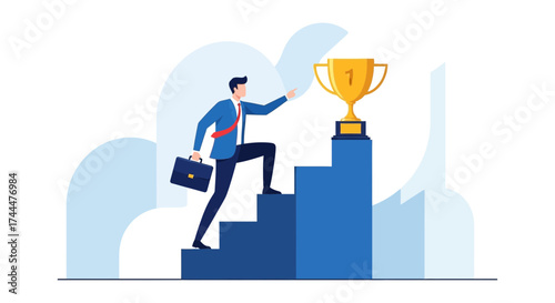 Achieving Success: A Businessman Ascends the Staircase Towards Winning the Golden Trophy