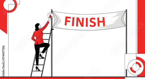 Achieving The Goal: A Woman Reaches The Banner Saying Finish, Celebrating Success