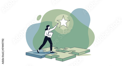 Achieving The Goal: A Woman Placing Puzzle Piece, Reaching The Star, And Finding Success