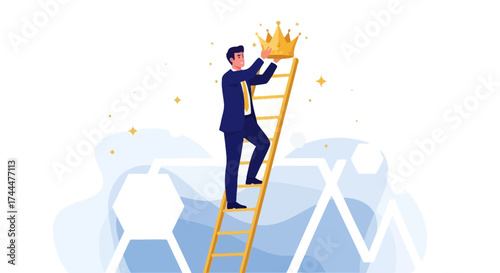 Achieving Success: A Businessman Reaching For The Crown And Climbing The Ladder Of Achievement