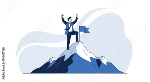 Achieving Success: A Businessman's Triumph Over the Mountain Peak With Flag