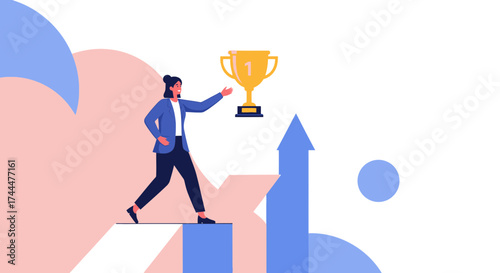 Achieving Triumph: Businesswoman Reaching For A Golden Trophy Symbolizing Success and Victory