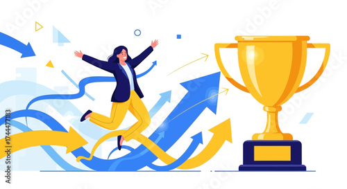 Achieving Triumph Represents Success and Celebration of a Goal Attained with Trophy