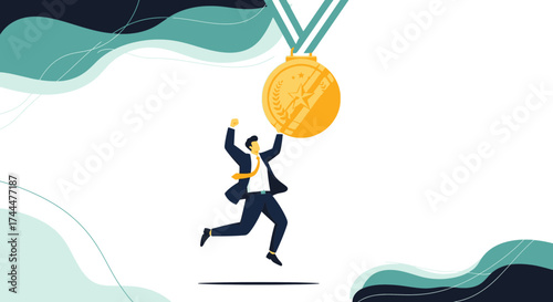 Achieving Victory: A Businessman Celebrating His Business Triumph with a Gold Medal
