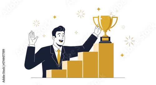 Achieving Victory And Attaining Success Illustrated With Businessman And Trophy