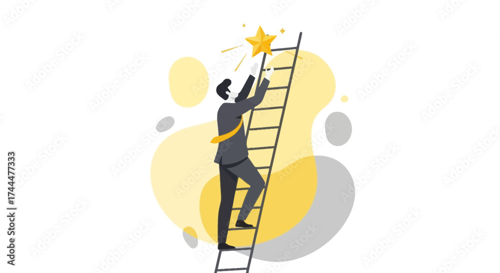 Obraz premium Achieving Success: A Man Reaching For Bright Celestial Target On Ladder Of Progress