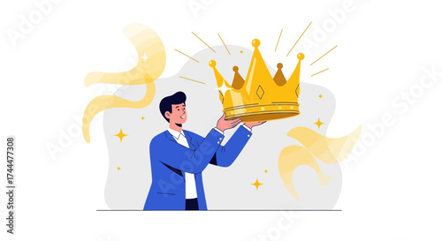 Achieving Success: A Man Holding A Golden Crown Represents Triumph And Victory
