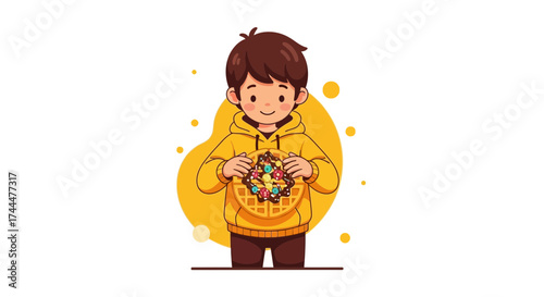 Adorable Child Holding a Delicious Waffle Decorated with Colorful Delights Vector Illustration