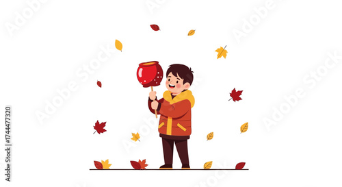 Adorable Child Holding Up Candied Apple Amidst Falling Autumn Leaves Illustration