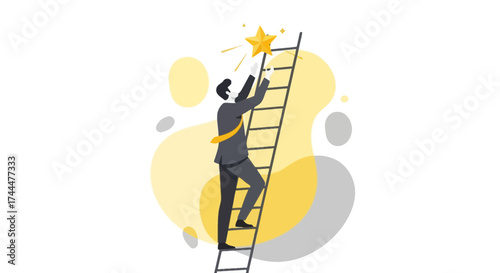 Achieving Success: A Man Reaching For Bright Celestial Target On Ladder Of Progress