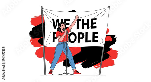 Activist With Microphone, Public Speaking And Advocacy On A Protest Banner
