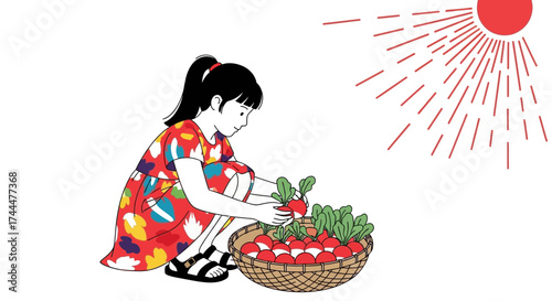 Adorable girl harvesting fresh radishes from her garden in a sunny summer day