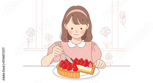 Adorable Girl Enjoying Sweet Strawberry Tart Illustration, Delightful Dessert Scene