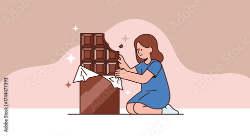 Adorable illustration of a girl enjoying a chocolate bar, snacking or eating sweets