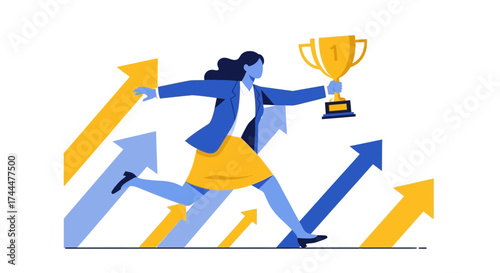 Achieving Success: A Woman Celebrates Victory with Acquired Trophy and Growing Arrows