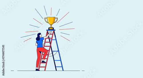 Achieving Success: A Woman Climbing a Ladder Towards the Golden Trophy