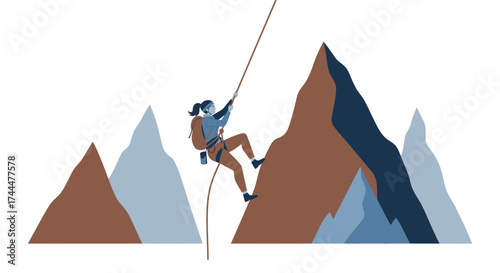 Adventurous Woman Climbs a Steep Mountain with Hiking Equipment in a Colorful Illustration