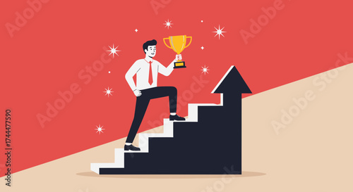 Achieving Success And Celebrating Victory, Businessman Climbing Towards Champion's Cup