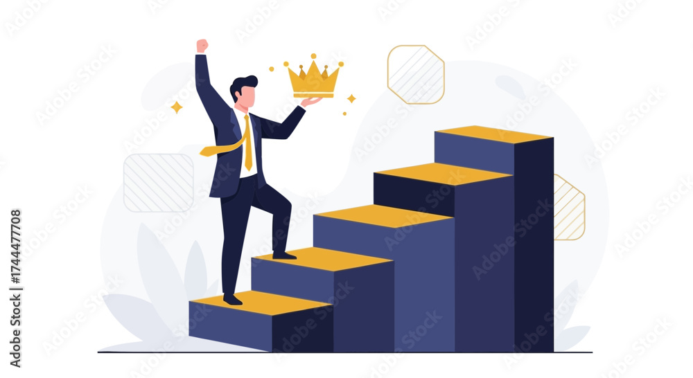 Obraz premium Achieving Success: Businessman Ascends Steps of Prosperity and Claiming Triumph