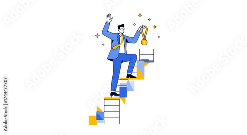 Achieving Success: Businessman Ascending, Celebrating Triumph, Gold Medal, and Sparkling Accolades