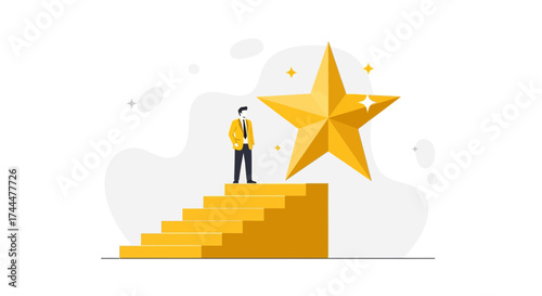 Achieving Success: Businessman Standing Upon a Golden Staircase Reaching a Star