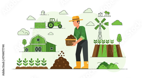 Agricultural Scene Depicting Farmer Composting in a Rural Farmyard Cartoon Vector Illustration