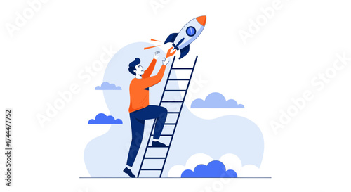Achieving Success: Conceptual Illustration of Launching a Rocket and Scaling New Heights