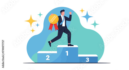 Achieving Success Conceptualized: A Victorious Businessman Celebrates Triumph and Recognition.