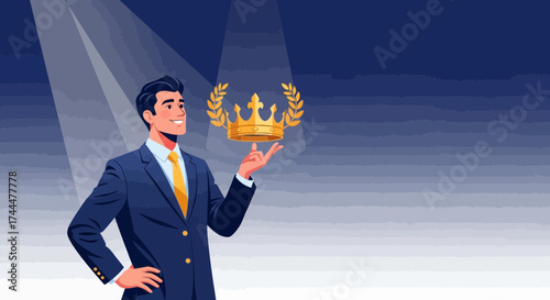 Achieving Success: Confident Businessman Holding a Golden Crown, Symbolizing Achievement and