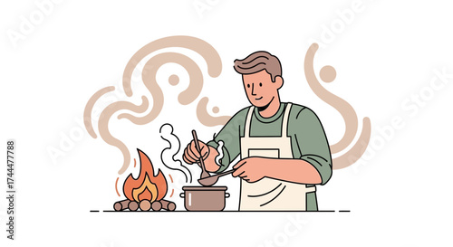 Amateur Chef Outdoors Cooking Delicious Food Over Campfire In A Stylish Illustration