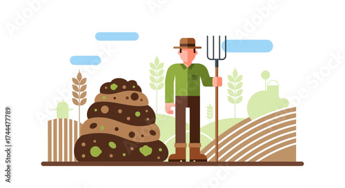 Agricultural Worker Stands By Soil In A Field Posing With A Pitchfork During Farming Season