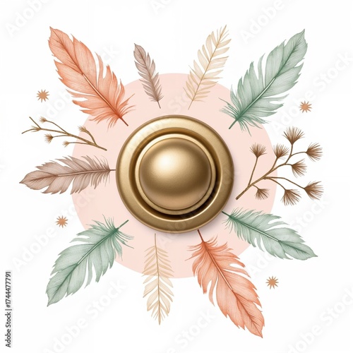 Decorative golden knob surrounded by colorful feathers and leaves  