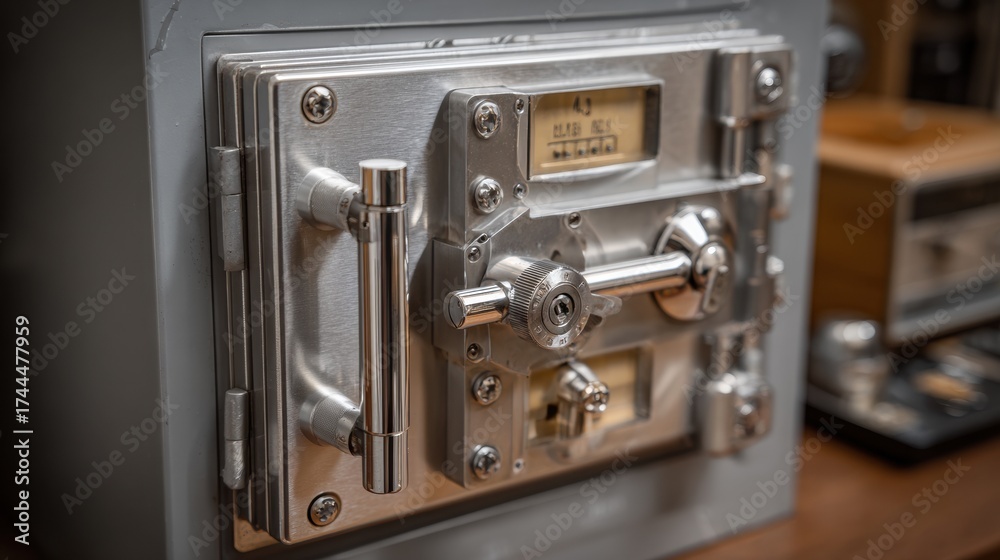Fototapeta premium Detailed View of a Vintage Safe Showcasing Intricate Lock Mechanism and Stylish Metal Design in a Dimly Lit Room