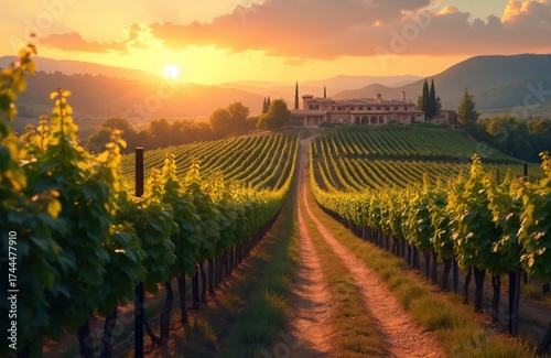 Wallpaper Mural Vineyard landscape with rows of grapevines, manor house on hill. Setting sun casts warm glow over rolling hills, cultivated fields. Scenic rural vista with wine estate buildings, surrounding nature. Torontodigital.ca