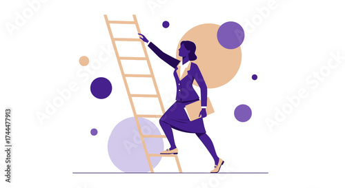 Ambitious Businesswoman Ascending Ladder, Symbolizing Achievement and Success Potential