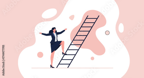 Ambitious Businesswoman Climbing a Ladder Towards Success Over Abstract Pink Background