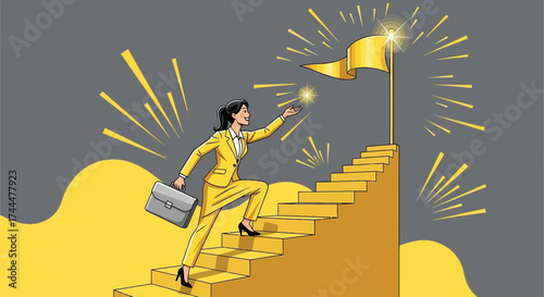 Ambitious Businesswoman Ascends Golden Stairs Towards Her Successful Achieved Goal