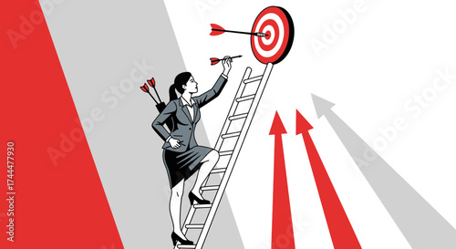 Ambitious Businesswoman Climbing Ladder Reaching For Success Hitting The Target Steadfastly