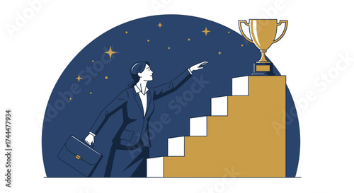 Ambitious Businesswoman Reaching Goal, Success Symbol, Reaching For Trophy, Vector Illustration