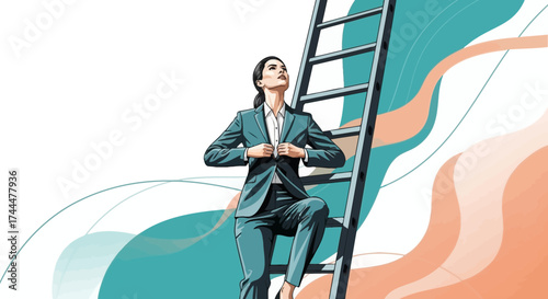 Ambitious Businesswoman Scaling Ladder of Success Reaching Career Height Illustrations