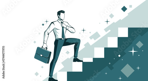 Ambitious Professional Ascending Steps, Portraying Career Progression, Achieving Success.