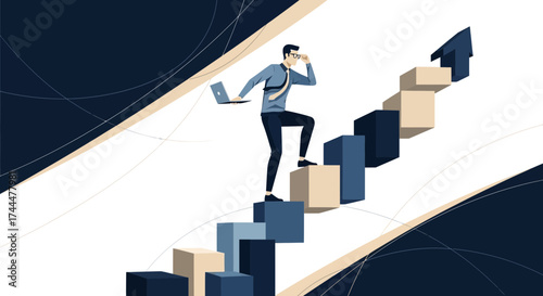Ambitious Professional Ascends Staircase, Seeking Future Vision, New Opportunities Ahead