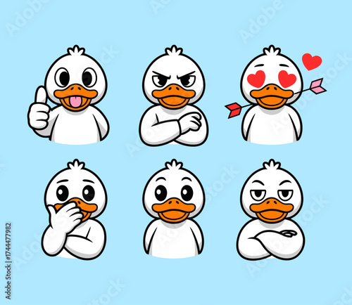 Collection of six cartoon duck illustrations with different facial expressions and gestures on a blue background.